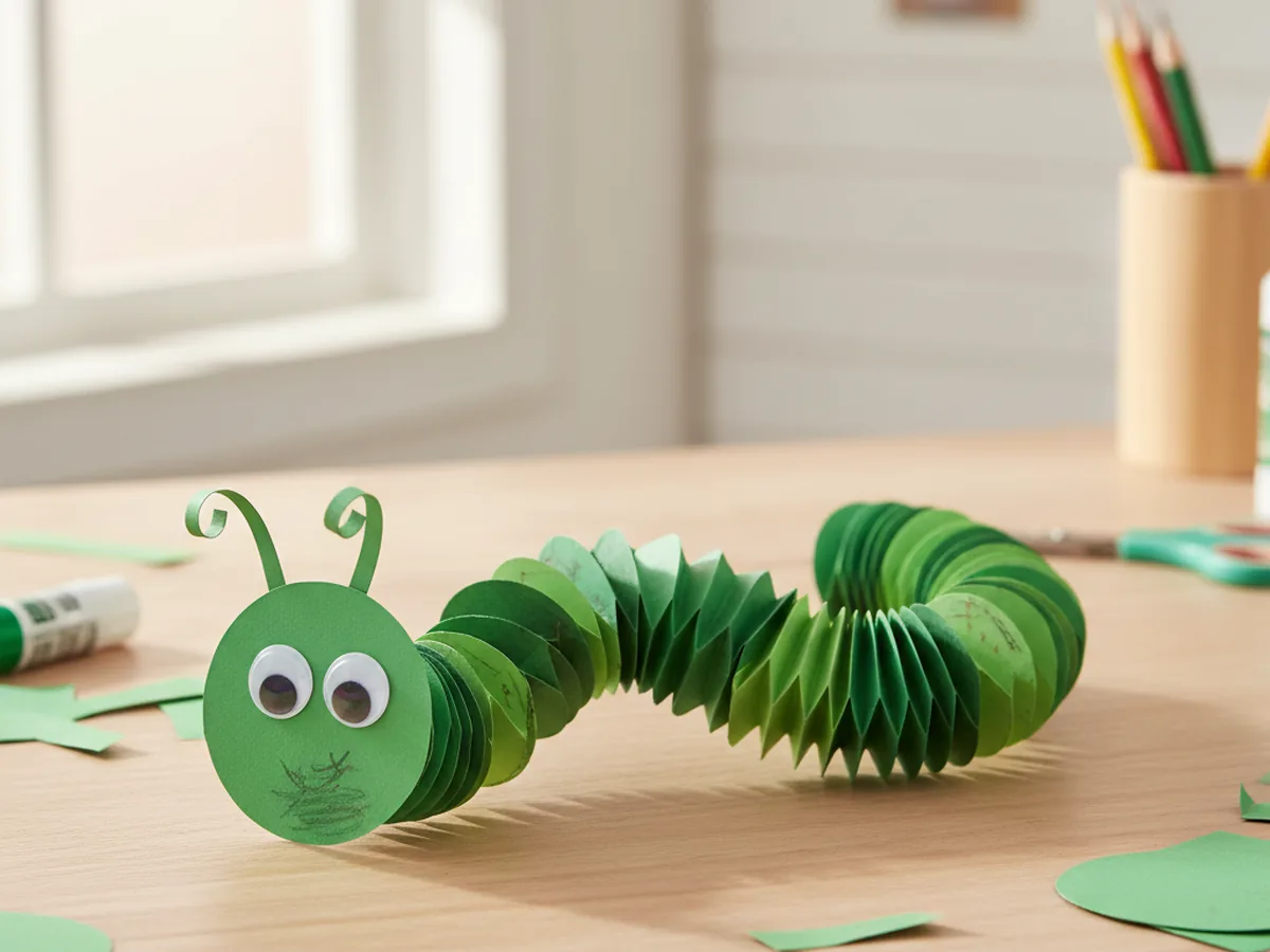 A cute handmade paper caterpillar with green circle segments an accordion-fold body googly eyes and paper antennae