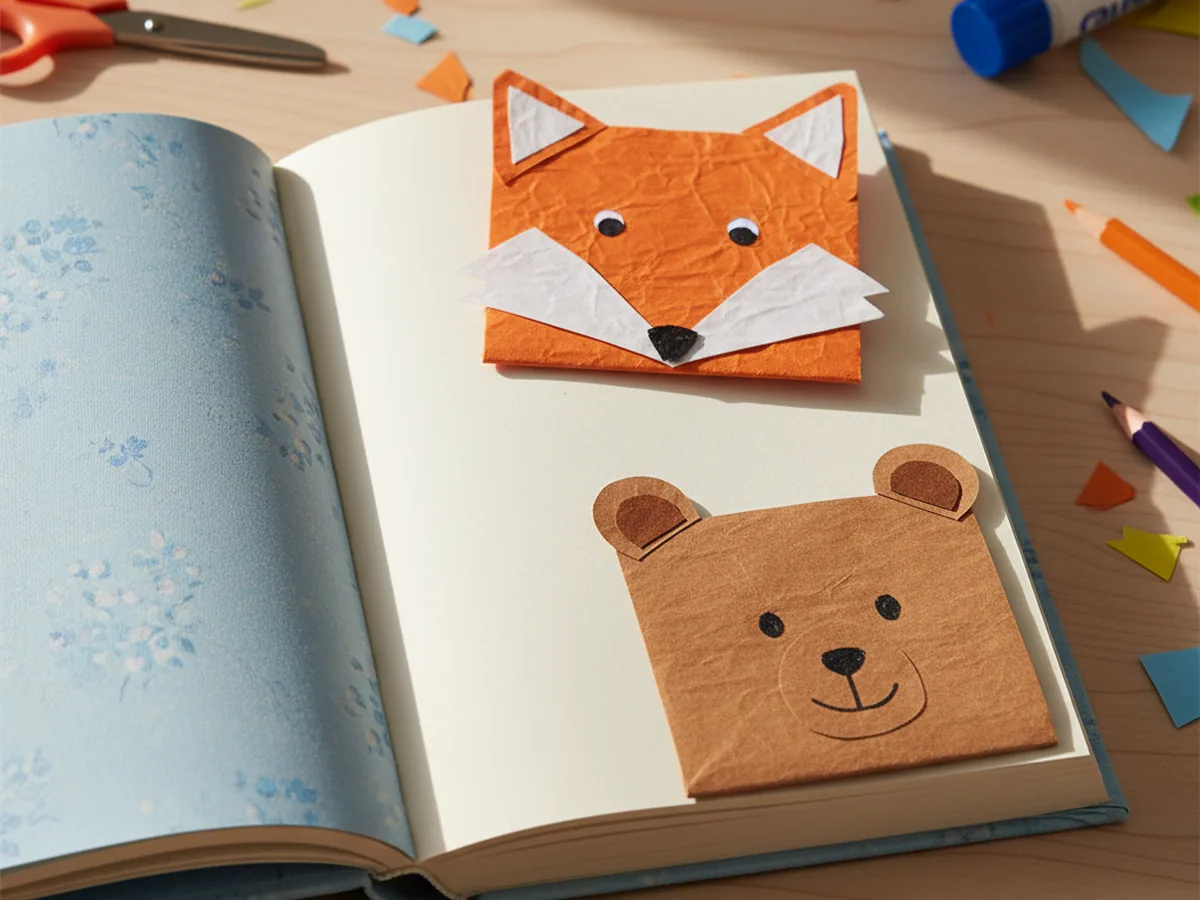 Handmade paper corner bookmarks shaped like a fox and a bear sitting on the corners of an open book