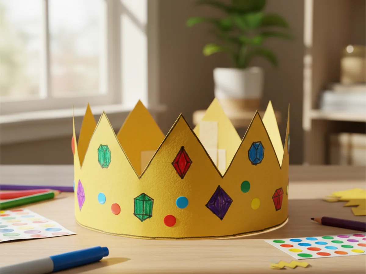 A handmade wearable paper crown with zigzag points decorated with marker jewels and stickers on a craft table