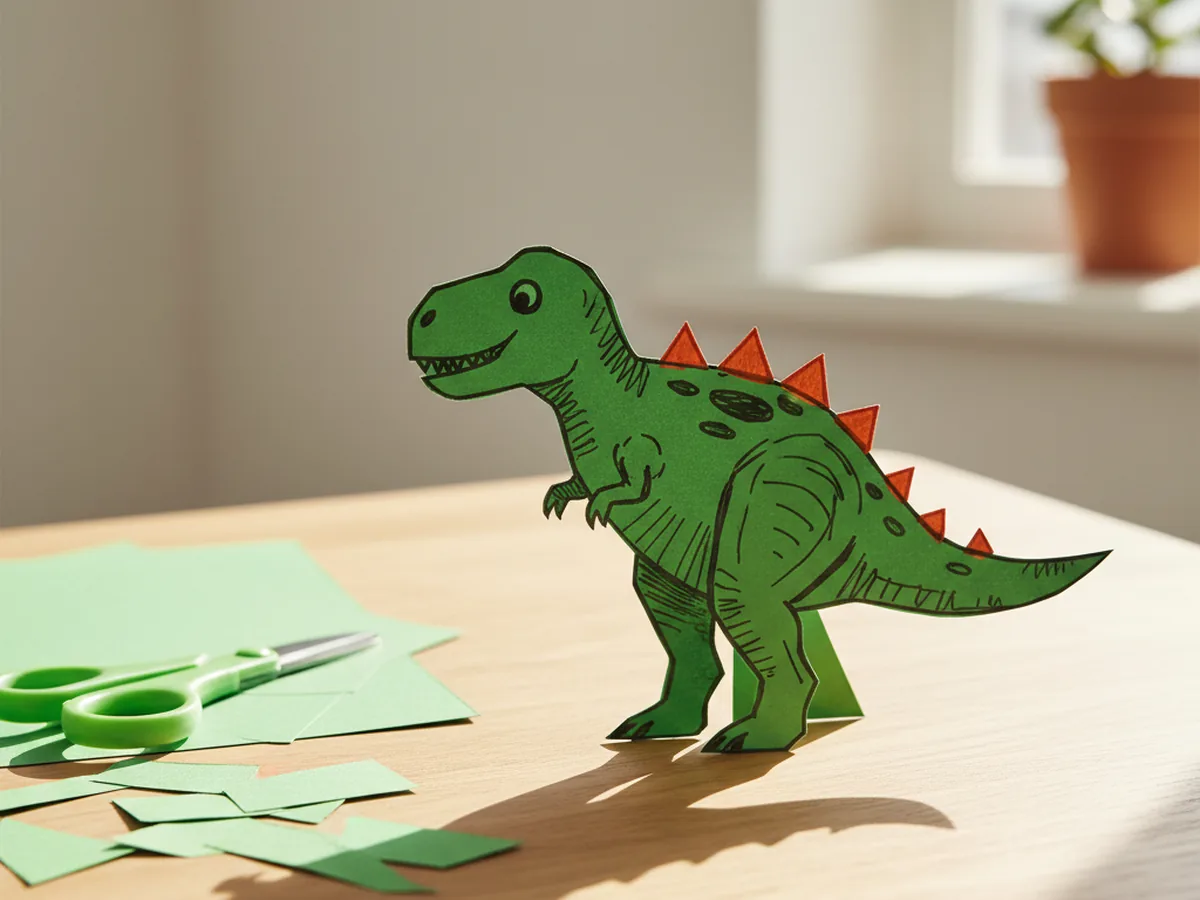 A handmade green paper dinosaur with triangle spine spikes and marker scale details standing upright on a craft table