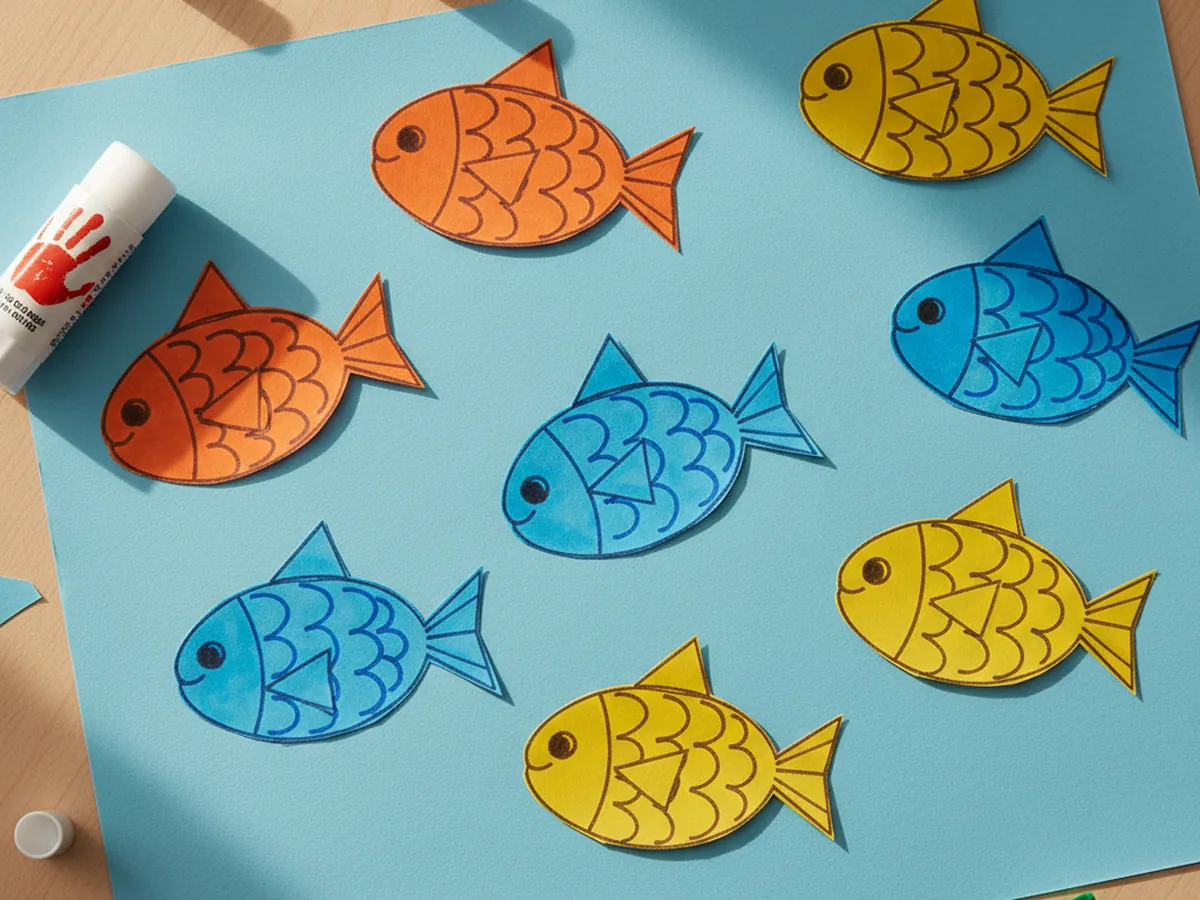 Several handmade paper fish in bright orange and blue with scale markings and triangle fins on a blue paper background