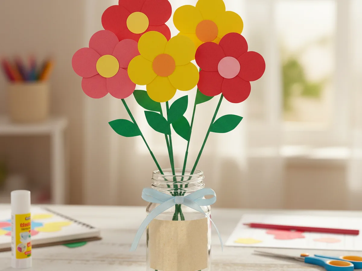 A handmade paper flower bouquet with colorful layered paper flowers and green stems tied together with ribbon