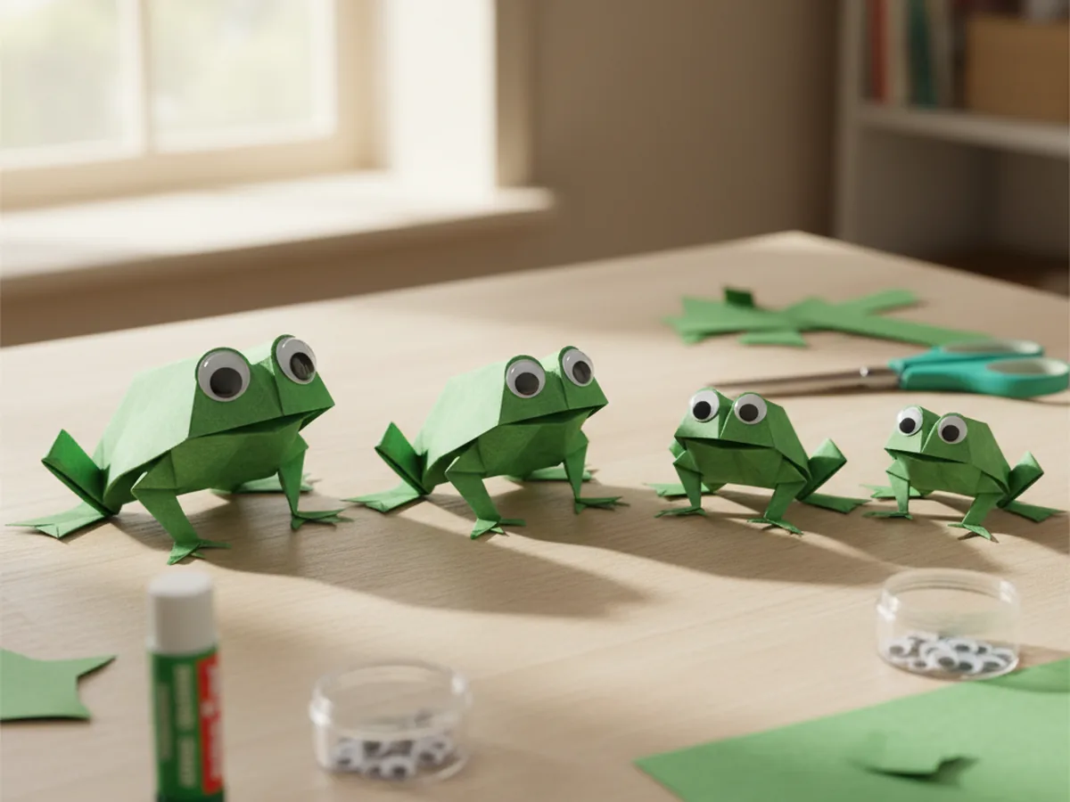 Several handmade green paper jumping frogs with googly eyes lined up on a wooden table ready for a jumping contest