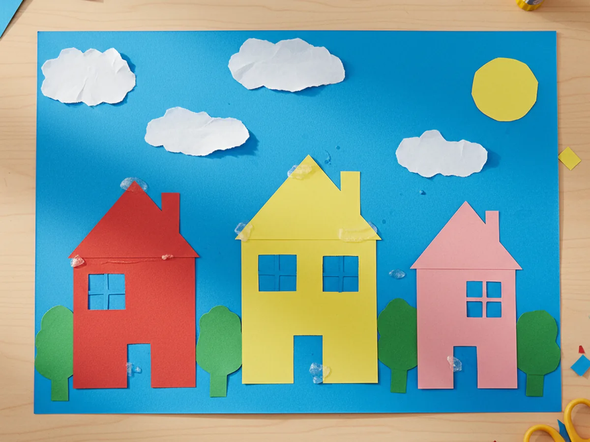 A handmade paper house scene with colorful paper houses trees clouds and a sun arranged on a blue cardstock background