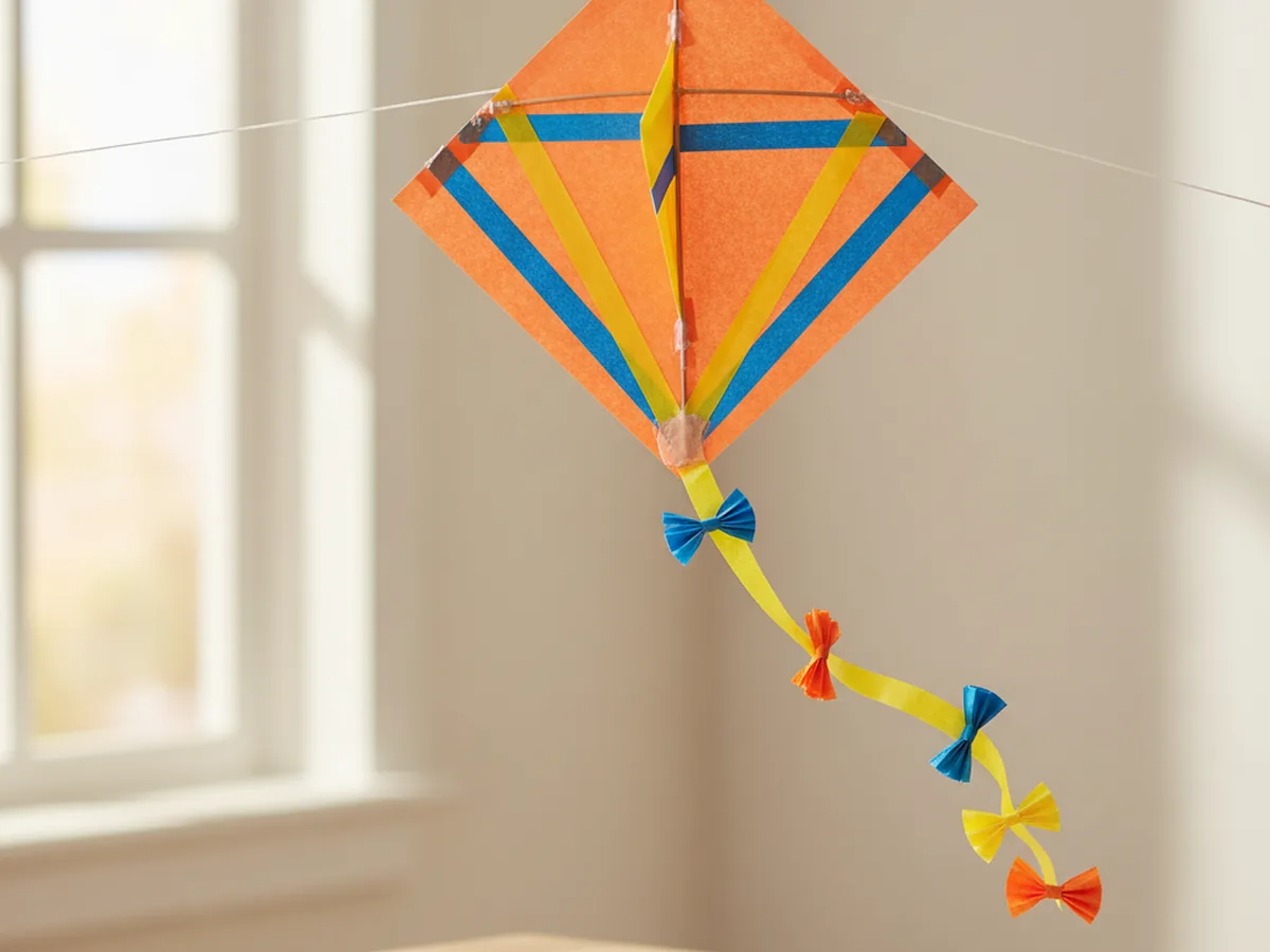 A handmade paper diamond kite in bright colors with a long paper tail decorated with small bows hanging from a string