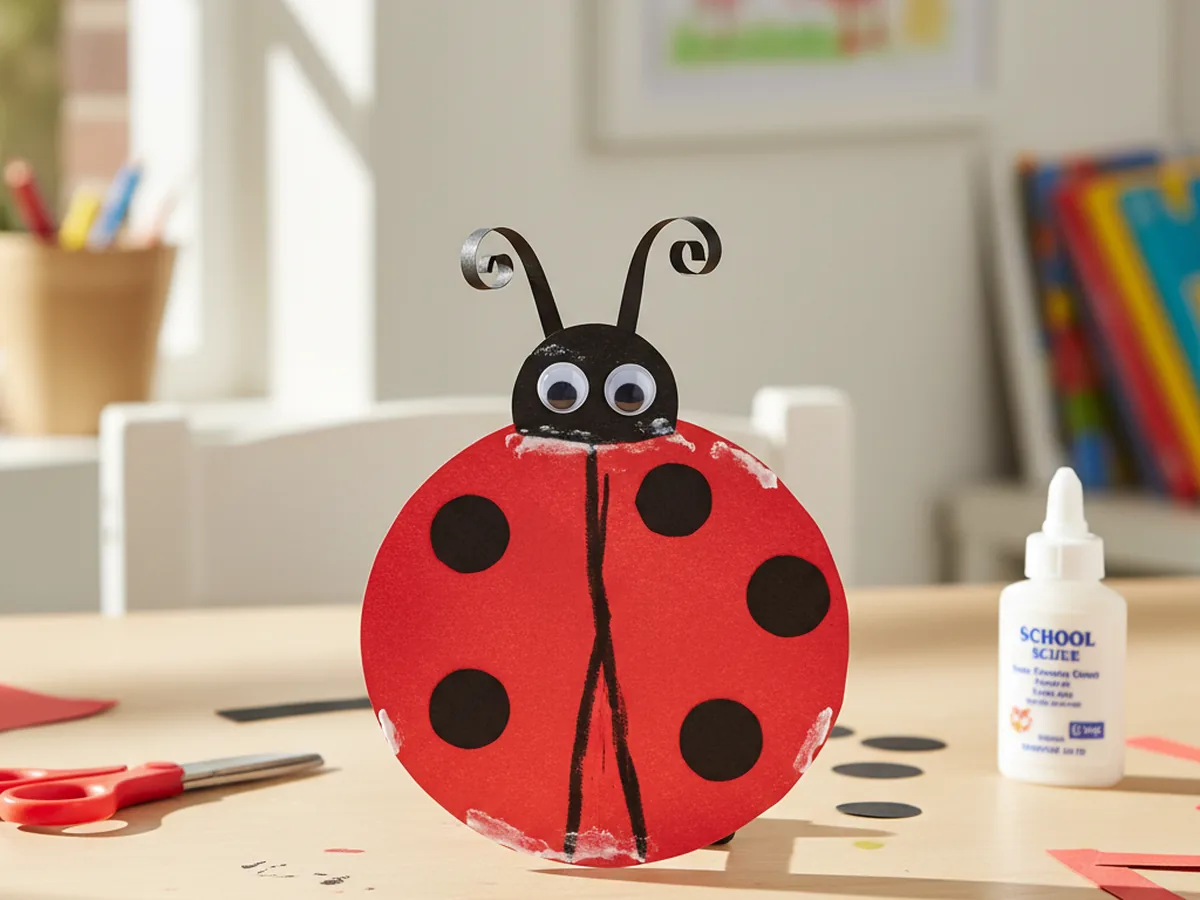 A handmade paper ladybug with a red circle body black spots googly eyes and thin paper antennae on a craft table
