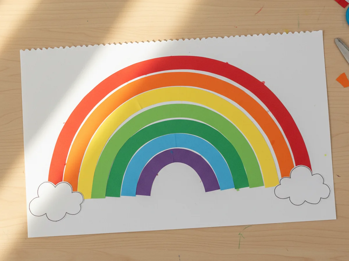 A handmade paper rainbow art piece with colorful construction paper strips arching over two white cloud shapes