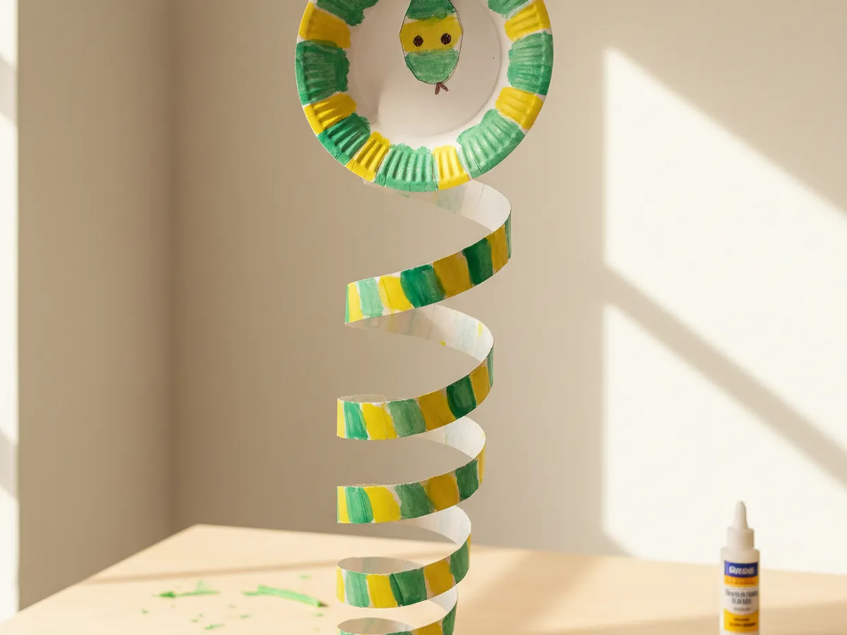 A handmade paper spiral snake cut from a decorated circle dangling from a small oval head shape on a string