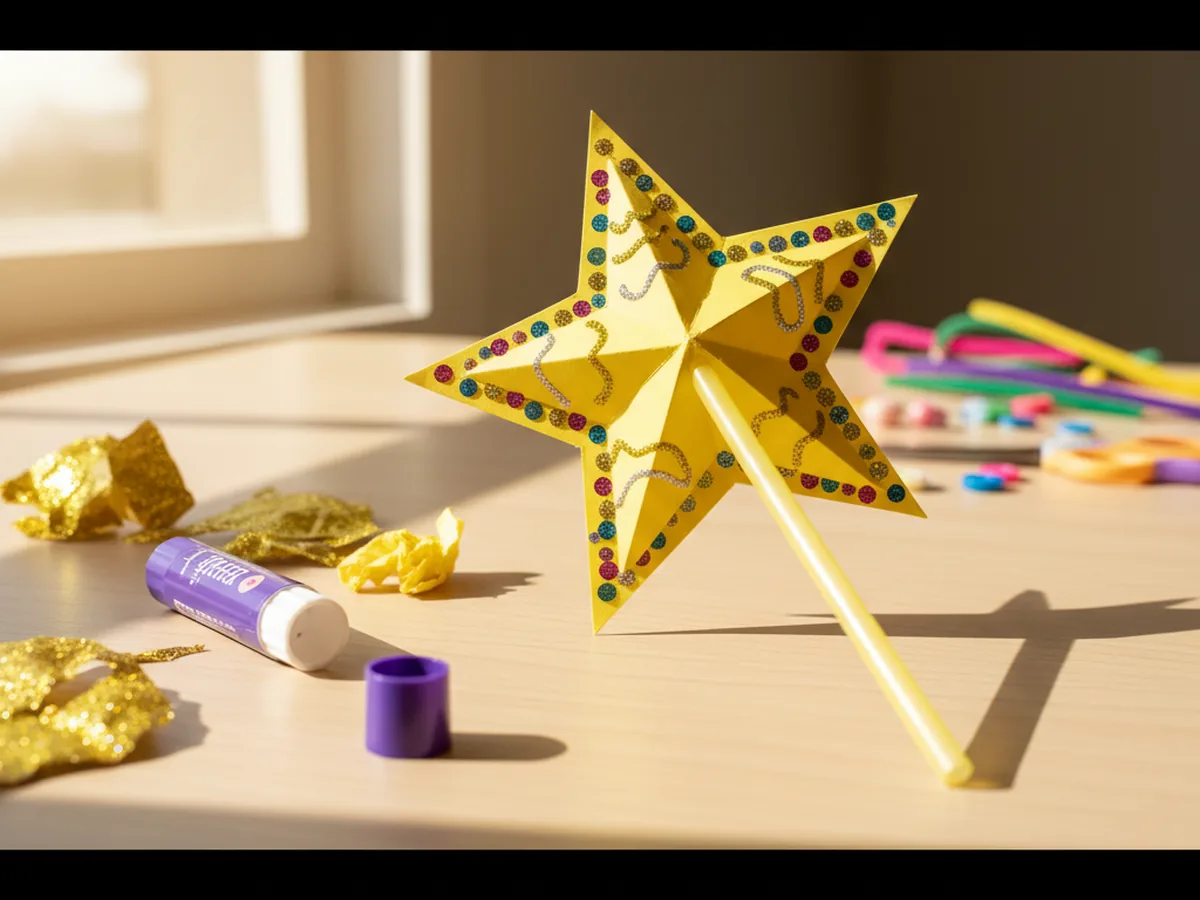 A handmade paper star wand with a yellow double-layered star shape on a straw handle decorated with glitter dots