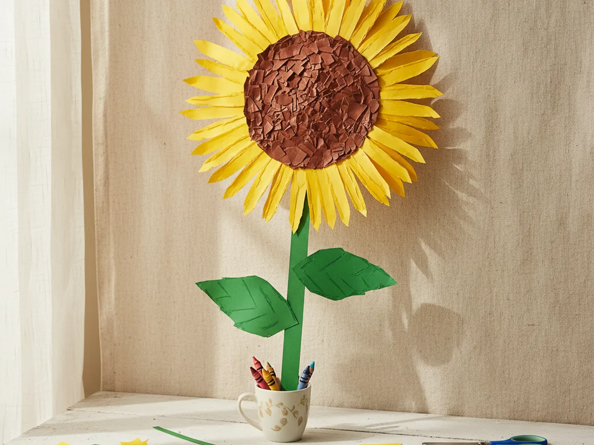 A handmade paper sunflower with a brown circle center surrounded by bright yellow paper petals and a green stem with leaves