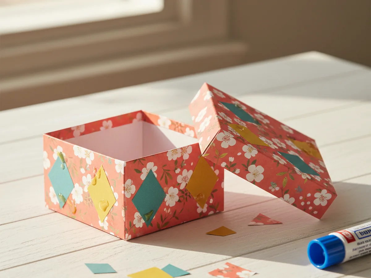 A handmade paper treasure box with a fitted lid decorated with colorful cut-paper patterns sitting on a craft table