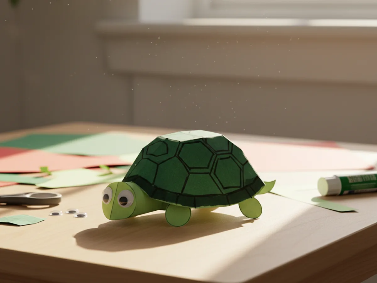 A handmade paper turtle with a green oval shell marker-drawn hexagon pattern four rounded legs and googly eyes