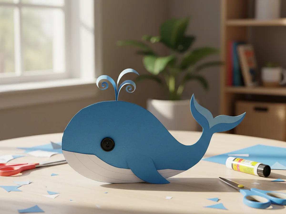 A handmade blue paper whale with a white belly small round eye and curling paper water spout on a craft table