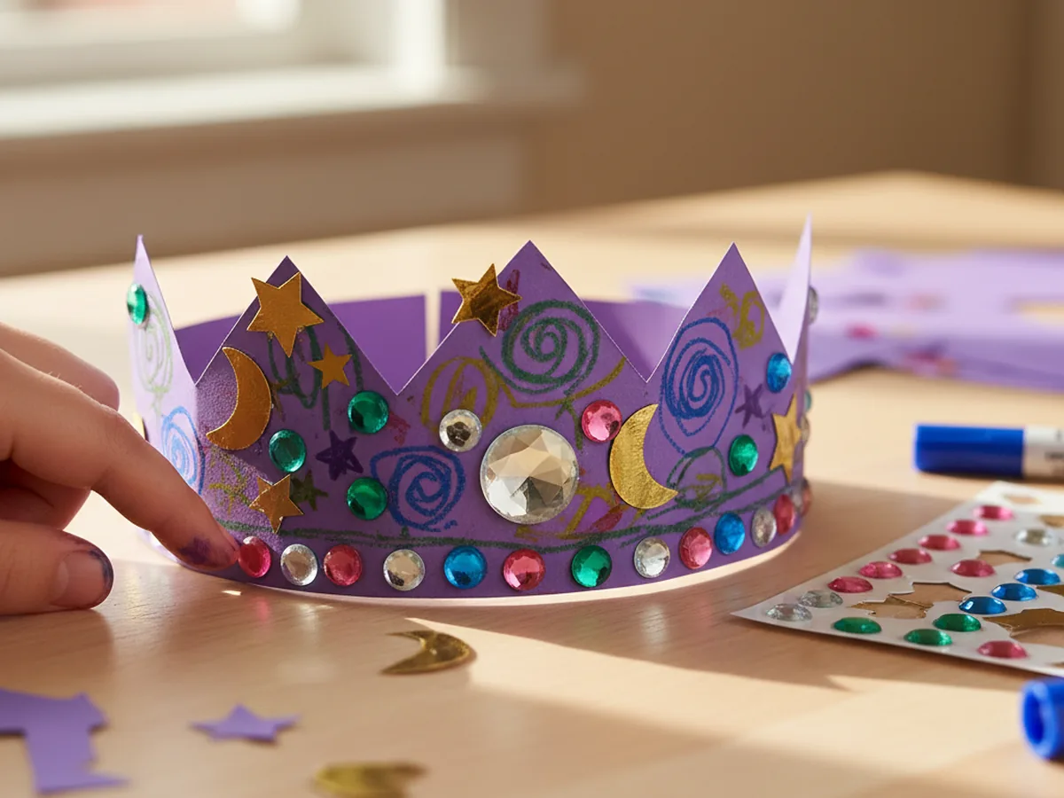 Colorful self-adhesive gem stickers in pink, blue, and green pressed onto a decorated paper crown with gold accents