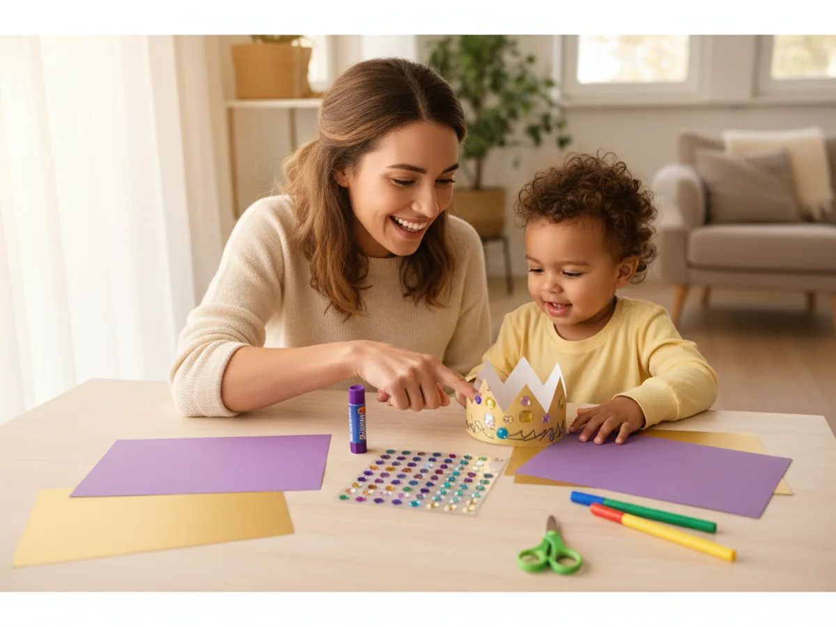 A mom and young child smiling at a craft table, getting ready to make a paper crown craft with colored cardstock and gem stickers