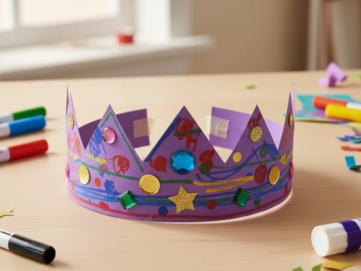 Finished colorful paper crown craft decorated with gold accents and gem stickers, sitting on a light wood craft table