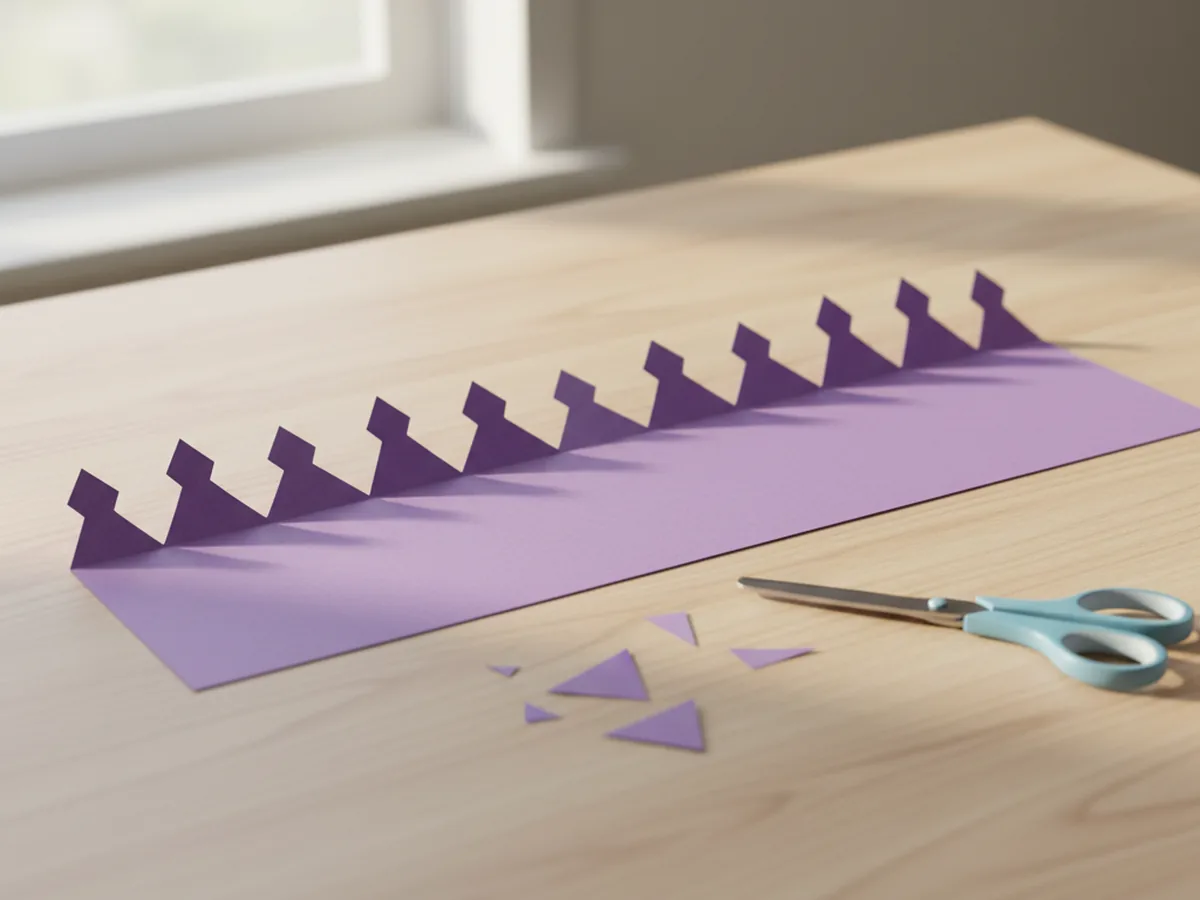 A purple cardstock crown strip with the top edge cut into a neat row of triangular points, lying flat on a craft table