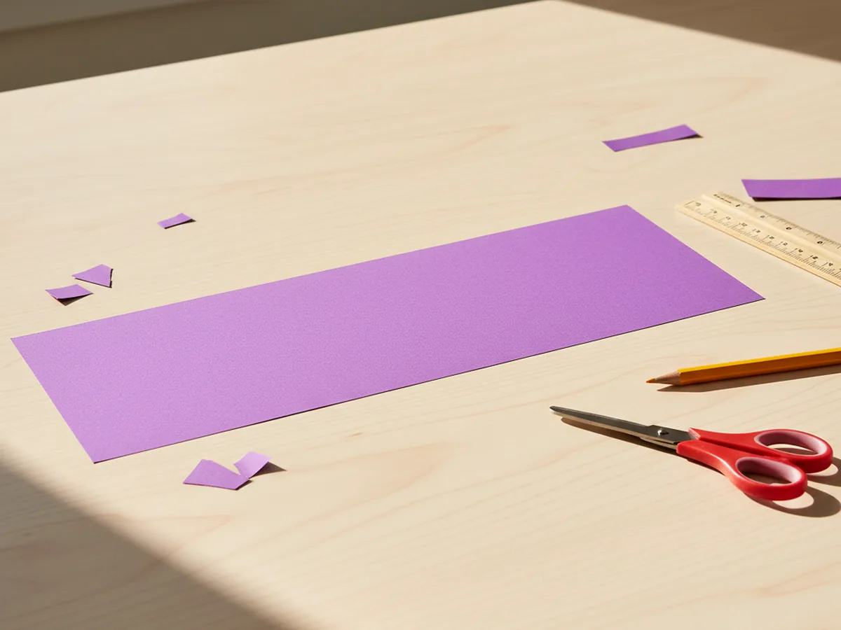 A long purple cardstock strip 4 inches tall cut neatly on a light wood craft table next to a ruler, pencil, and blunt-tip scissors