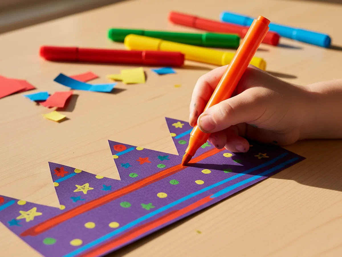 A child's hand coloring colorful stripes and dot patterns with markers across a purple paper crown strip on a craft table