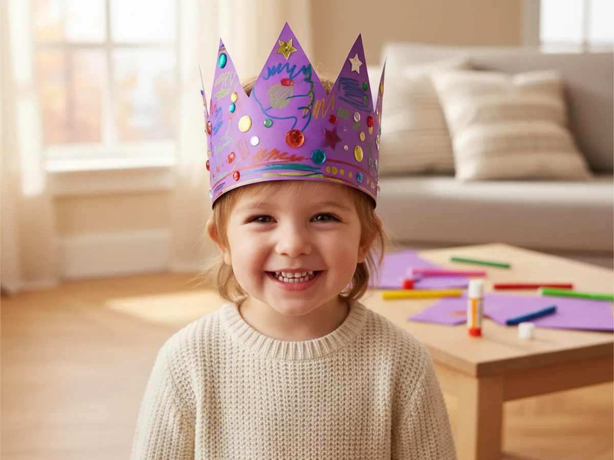 A smiling young child wearing the finished decorated paper crown with gems and gold accents in a warm cozy room