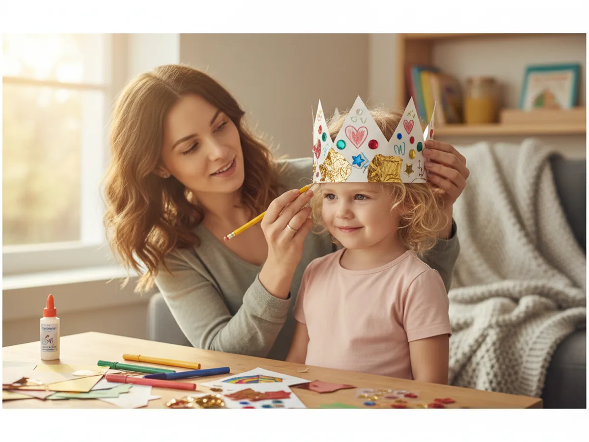 A mom gently wrapping a decorated paper crown around a young child's head to measure the fit, pencil marking the overlap