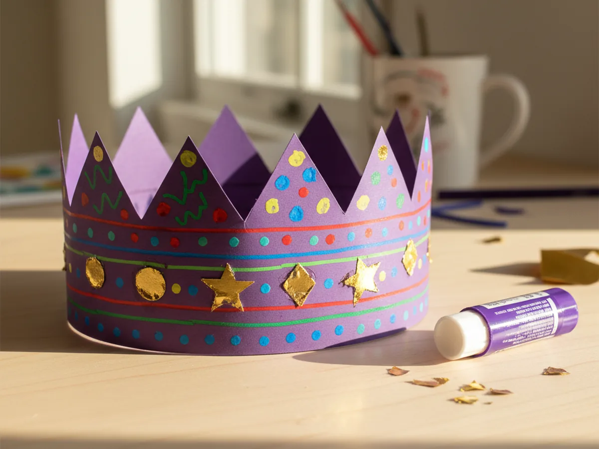 Small shiny gold paper circles and star shapes glued onto the front of a decorated purple paper crown strip