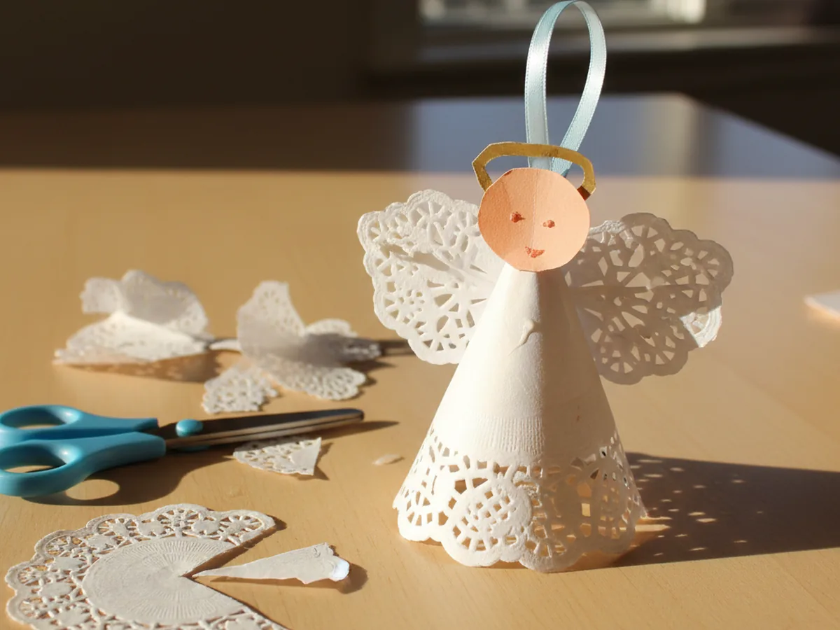 Handmade paper doily angel ornament with a cone body, paper face, and gold halo