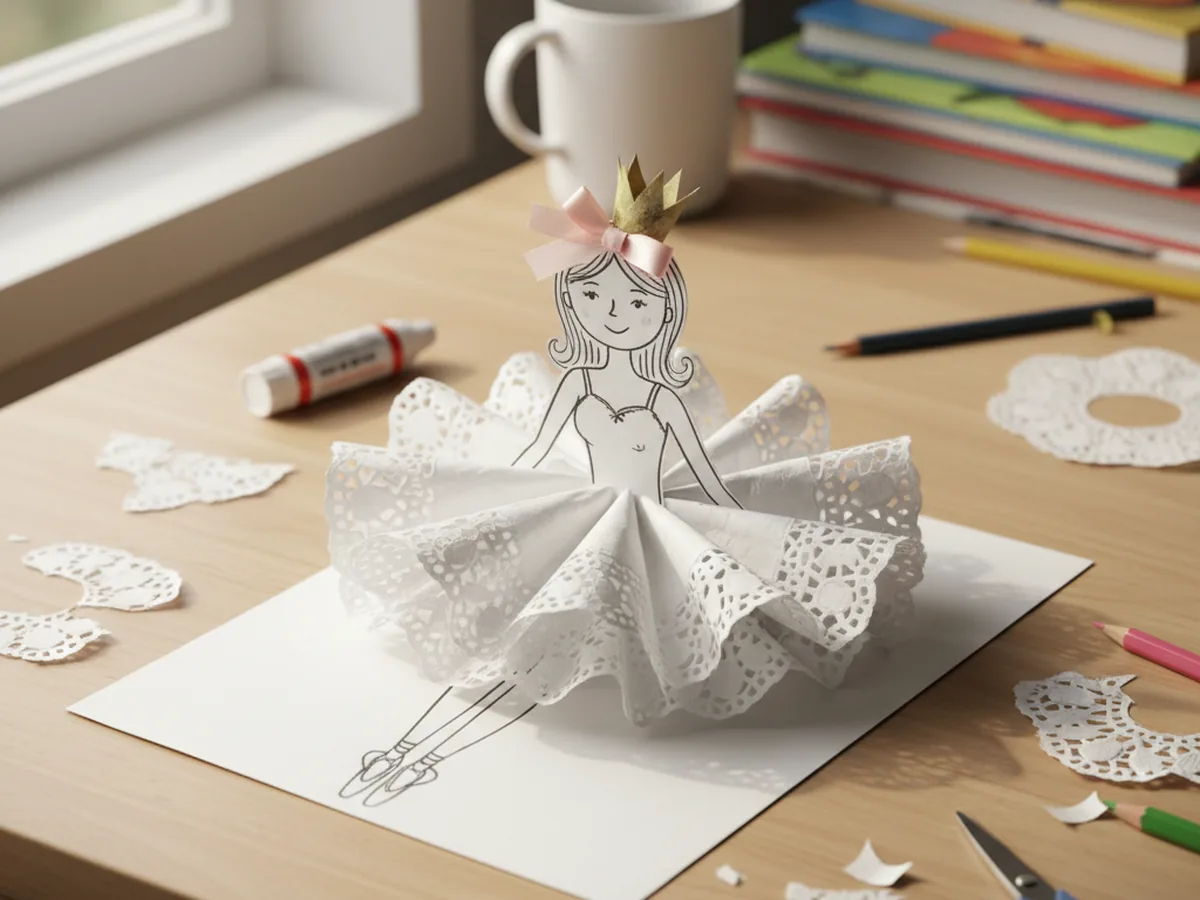 Handmade paper doily ballerina craft with a paper doll body and doily tutu skirt
