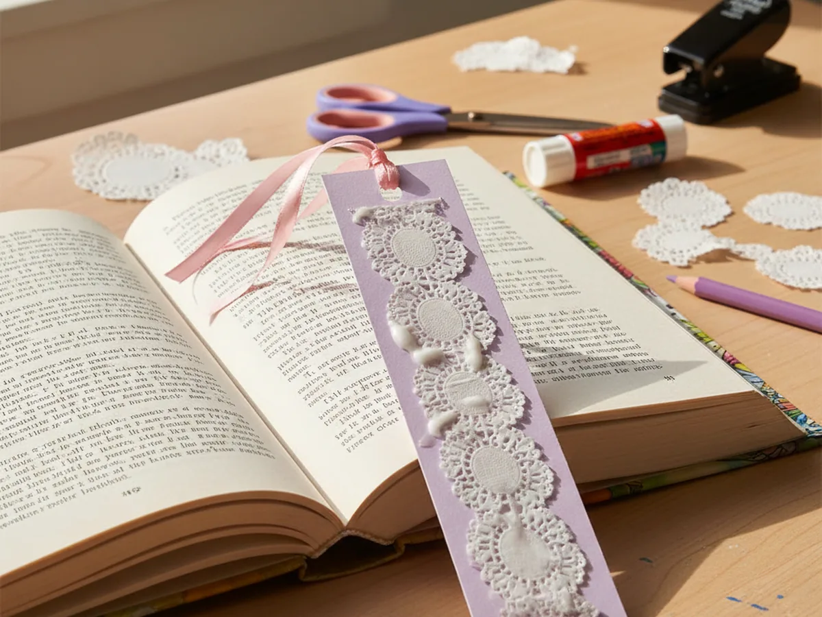 Handmade paper doily bookmark with lacy strip on colored cardstock and ribbon tassel