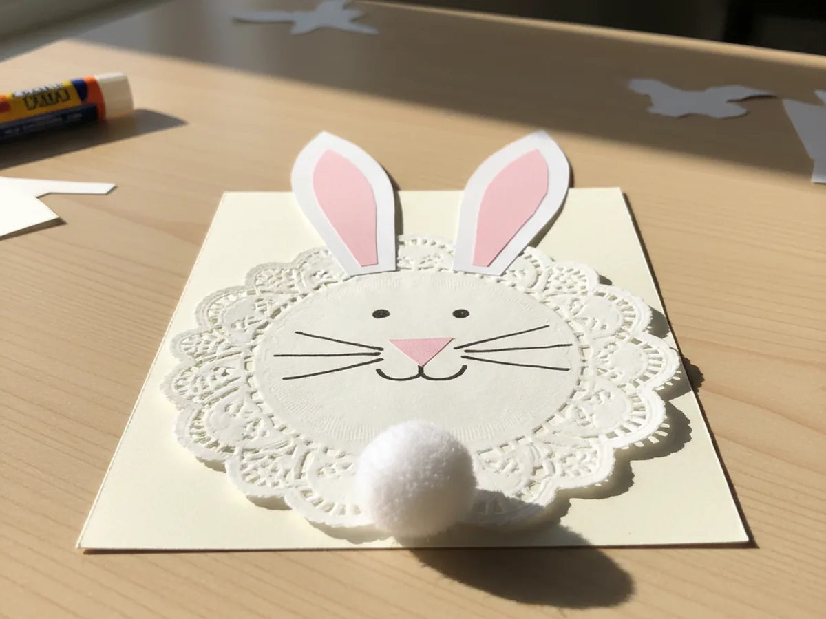 Handmade paper doily bunny craft with long paper ears, pom-pom tail, and pink nose