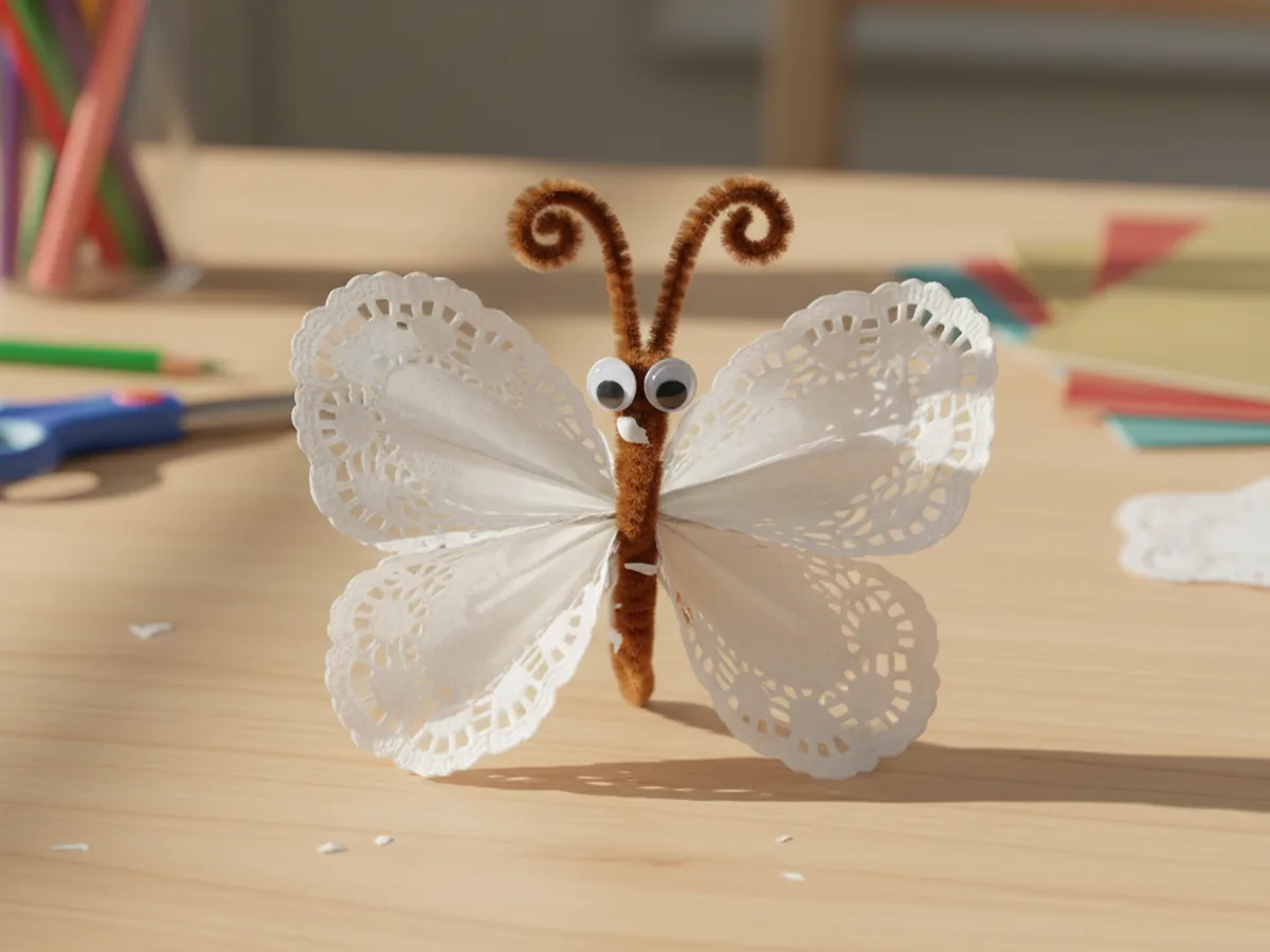 Handmade paper doily butterfly with pinched center and pipe cleaner body and antennae
