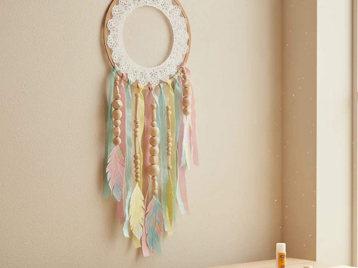 Handmade paper doily dreamcatcher with ribbons, beads, and paper feathers hanging from a ring