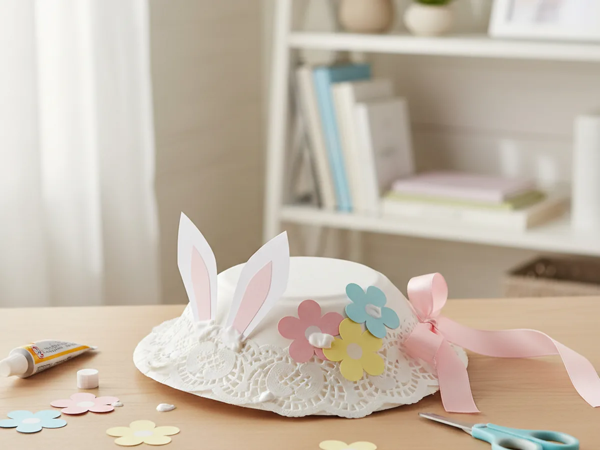 Handmade paper doily Easter bonnet on a paper plate base with paper flowers and ribbon