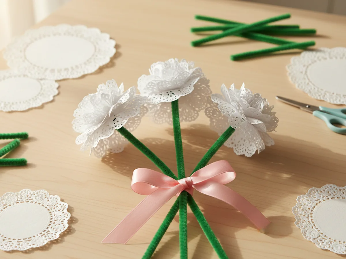 Handmade paper doily flower bouquet with pipe cleaner stems tied with pink ribbon
