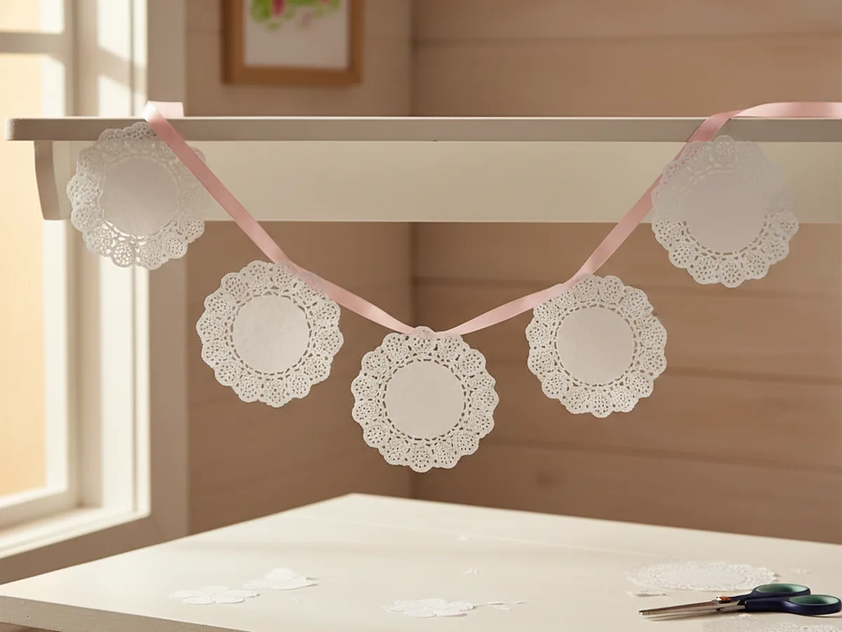 Handmade paper doily garland with white doilies threaded along pink ribbon draped across a shelf