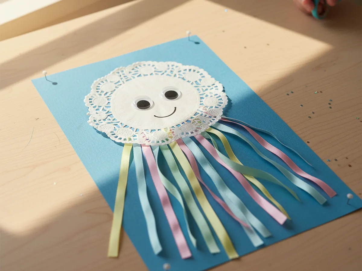 Paper doily jellyfish craft with googly eyes and curly ribbon tentacles on blue construction paper