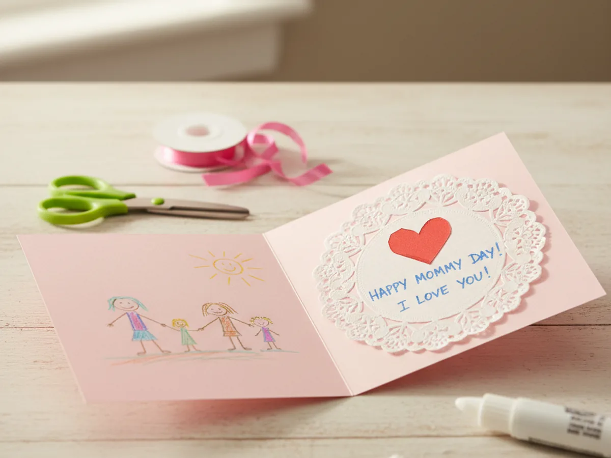 Handmade paper doily Mother's Day card with pink cardstock, white doily, and red heart