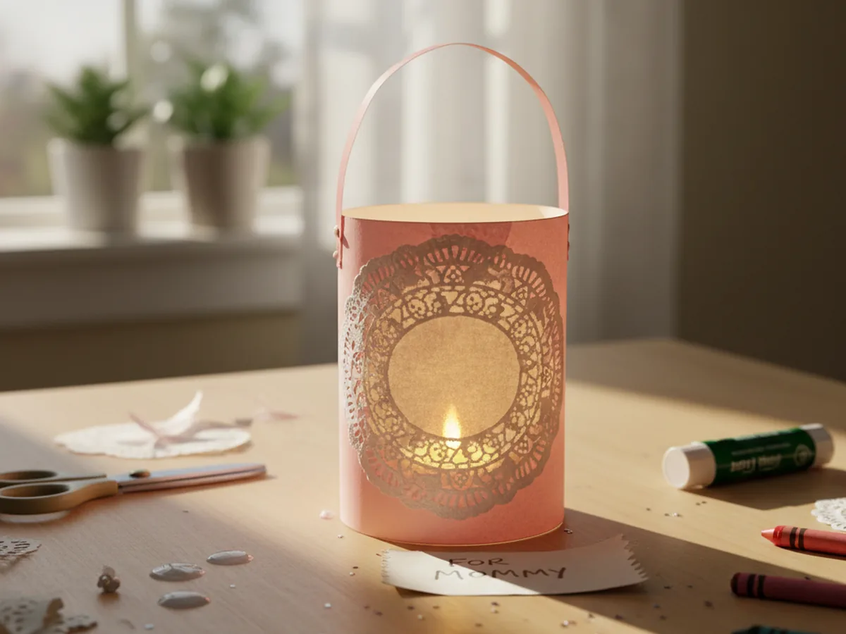 Handmade paper doily lantern with a pink cardstock body and ribbon handle glowing softly
