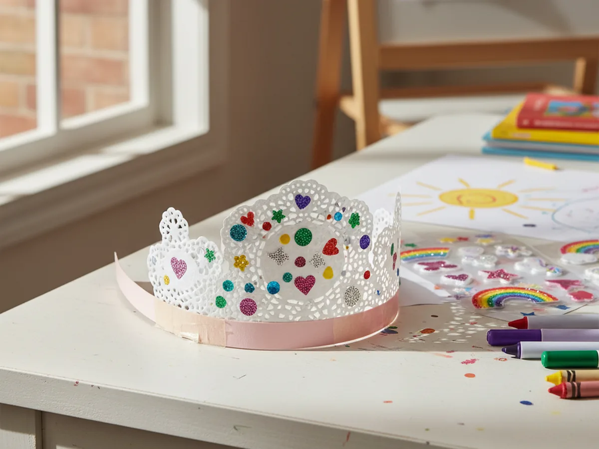 Handmade paper doily princess crown decorated with marker jewels and sparkly stickers