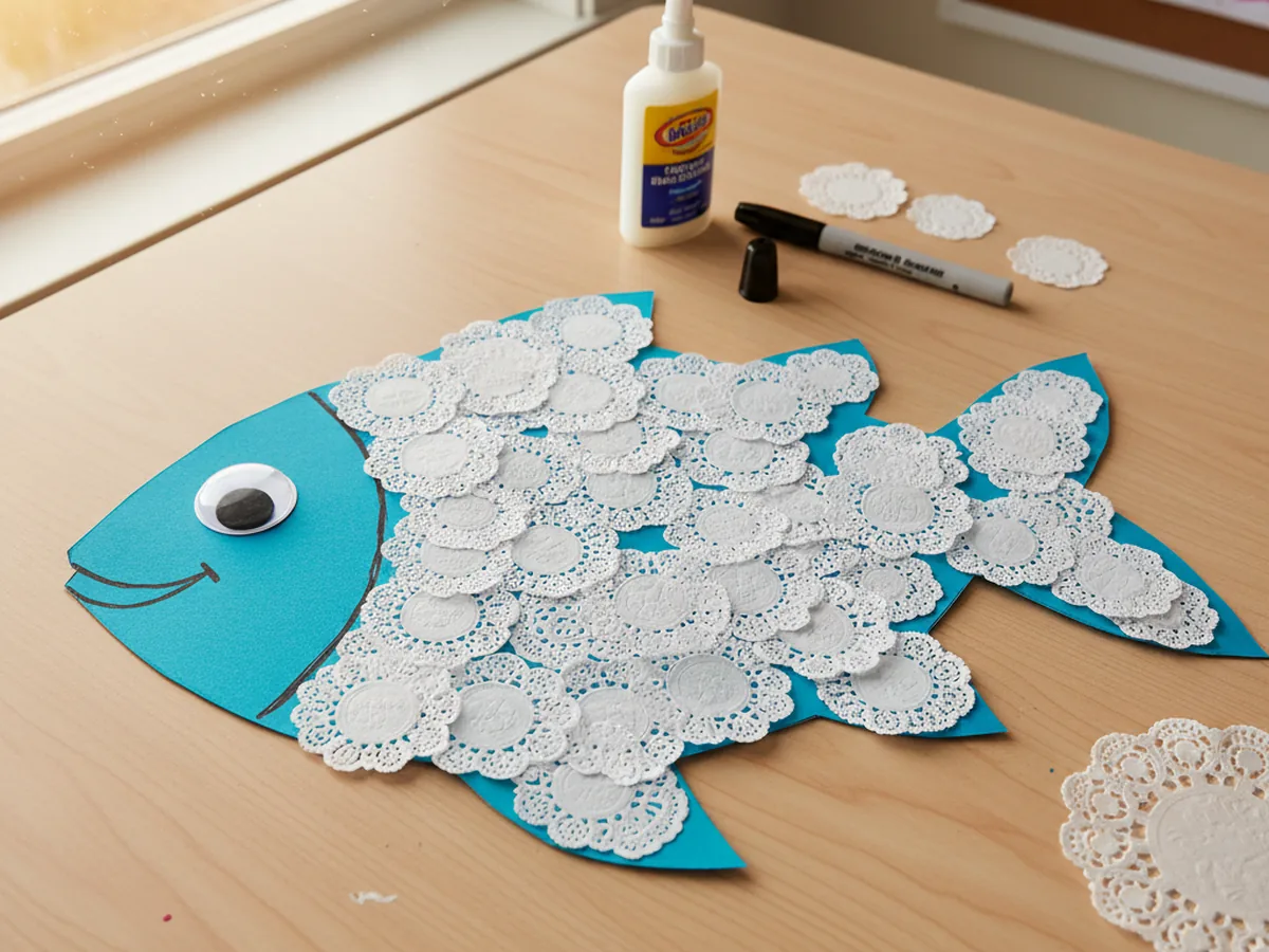 Handmade paper doily rainbow fish with lacy circle scales and a googly eye