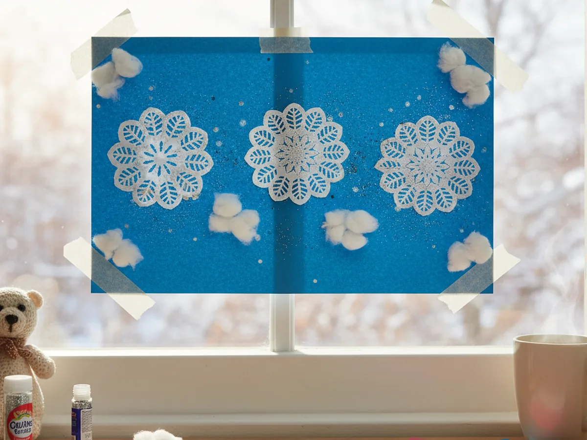 Paper doily snowflakes glued on blue construction paper displayed in a window
