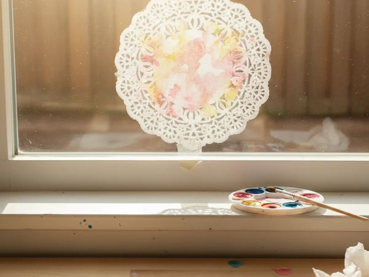 Watercolor-painted paper doily sun catcher taped to a sunny window