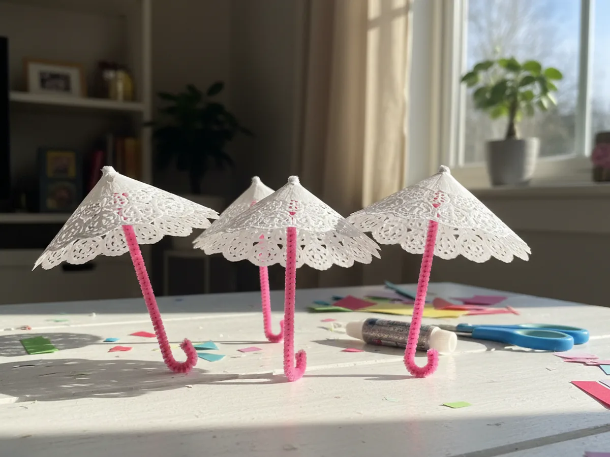 Tiny paper doily umbrellas with pipe cleaner handles displayed on a craft table