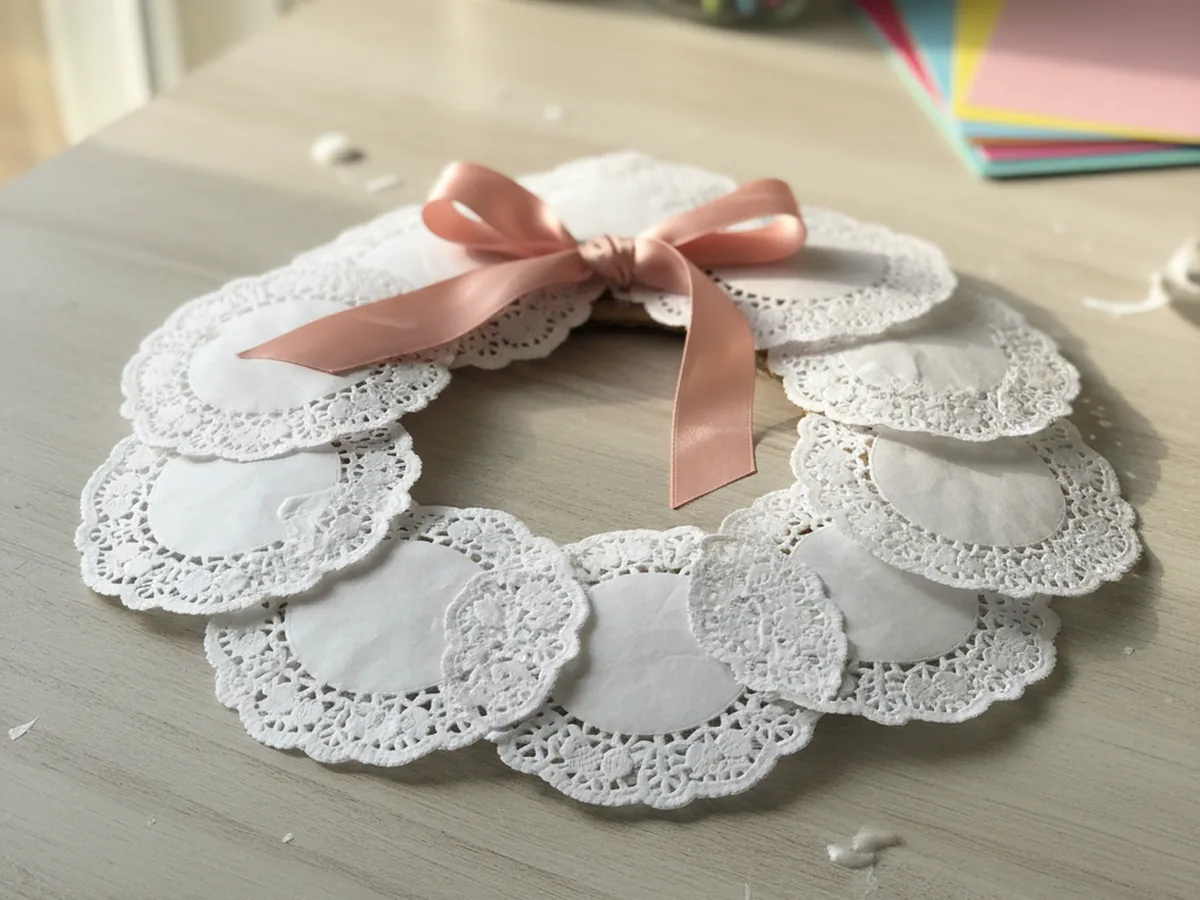 Handmade paper doily wreath with layered white doilies and a pink ribbon bow on top