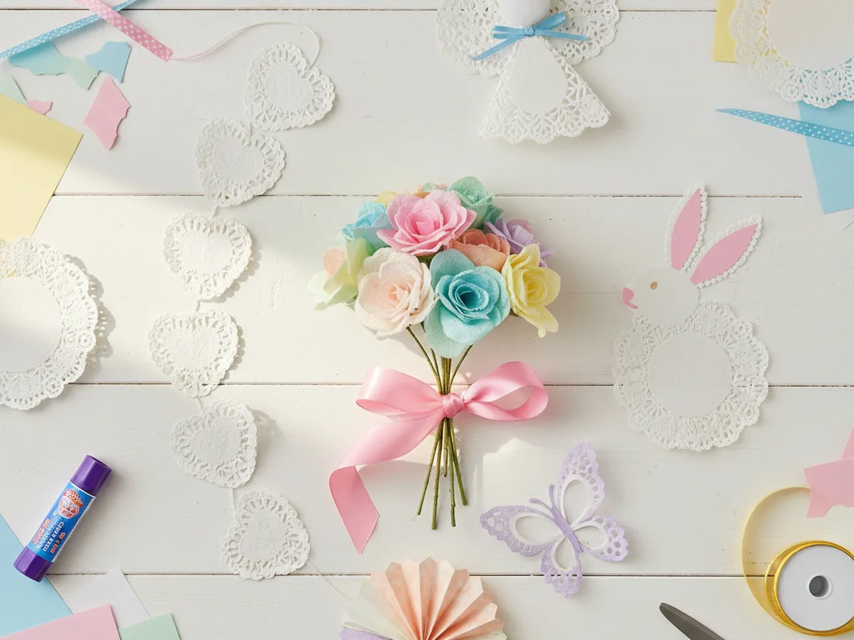 Colorful paper doily crafts made by kids spread out on a craft table