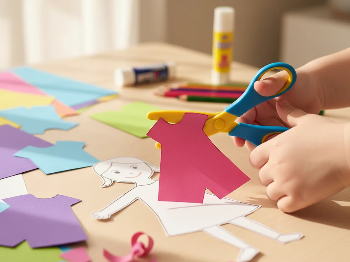 A child cutting a paper dress shape from bright pink construction paper with safety scissors