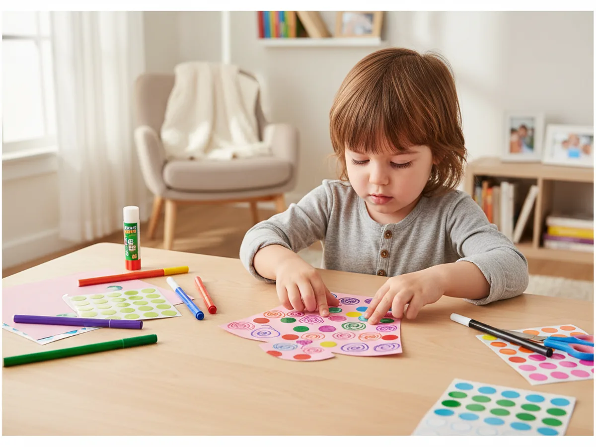 A child decorating a paper dress shape with stickers and colorful marker patterns
