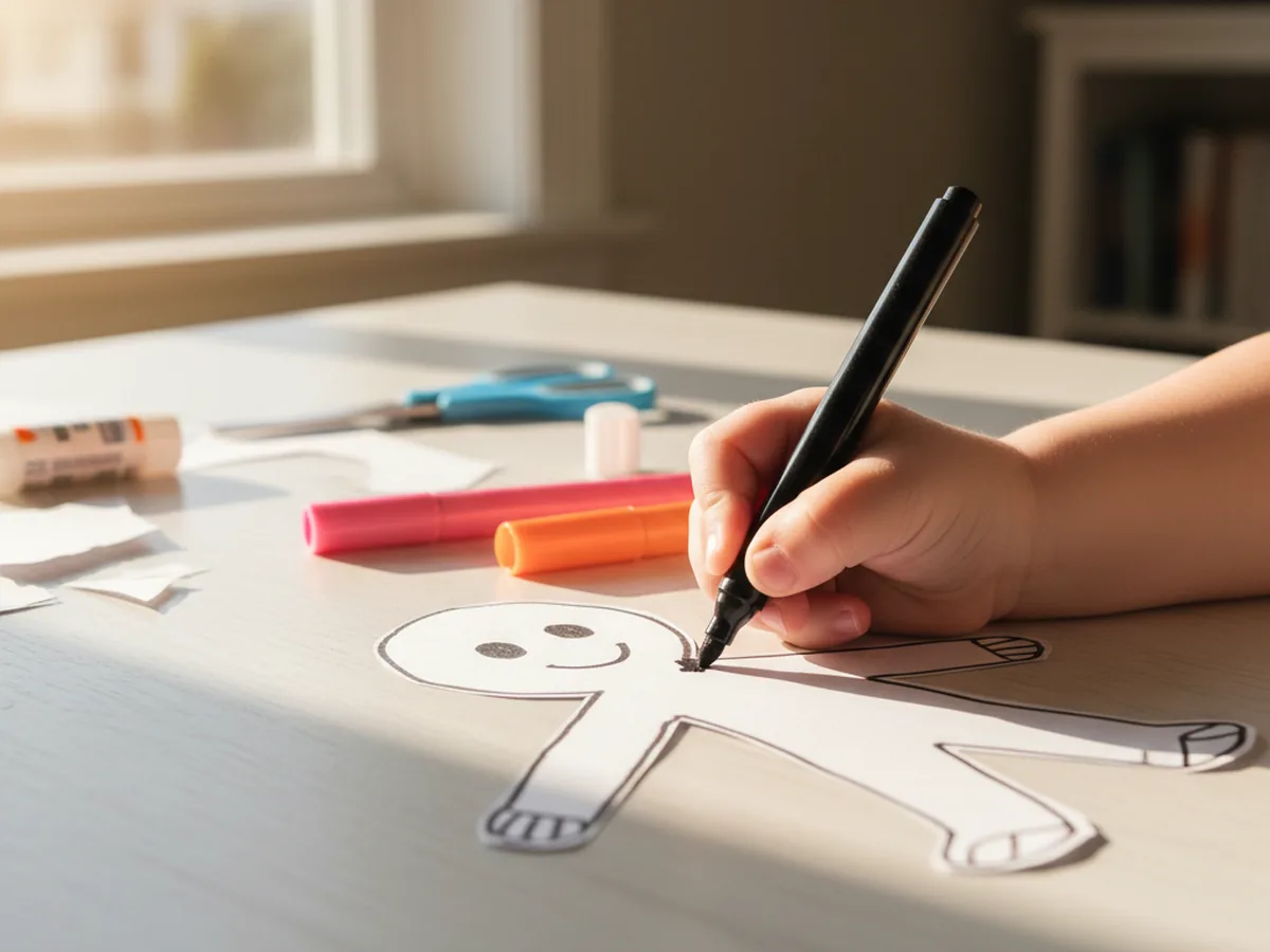 A child drawing a smiling face on a cut-out paper doll shape with a washable marker