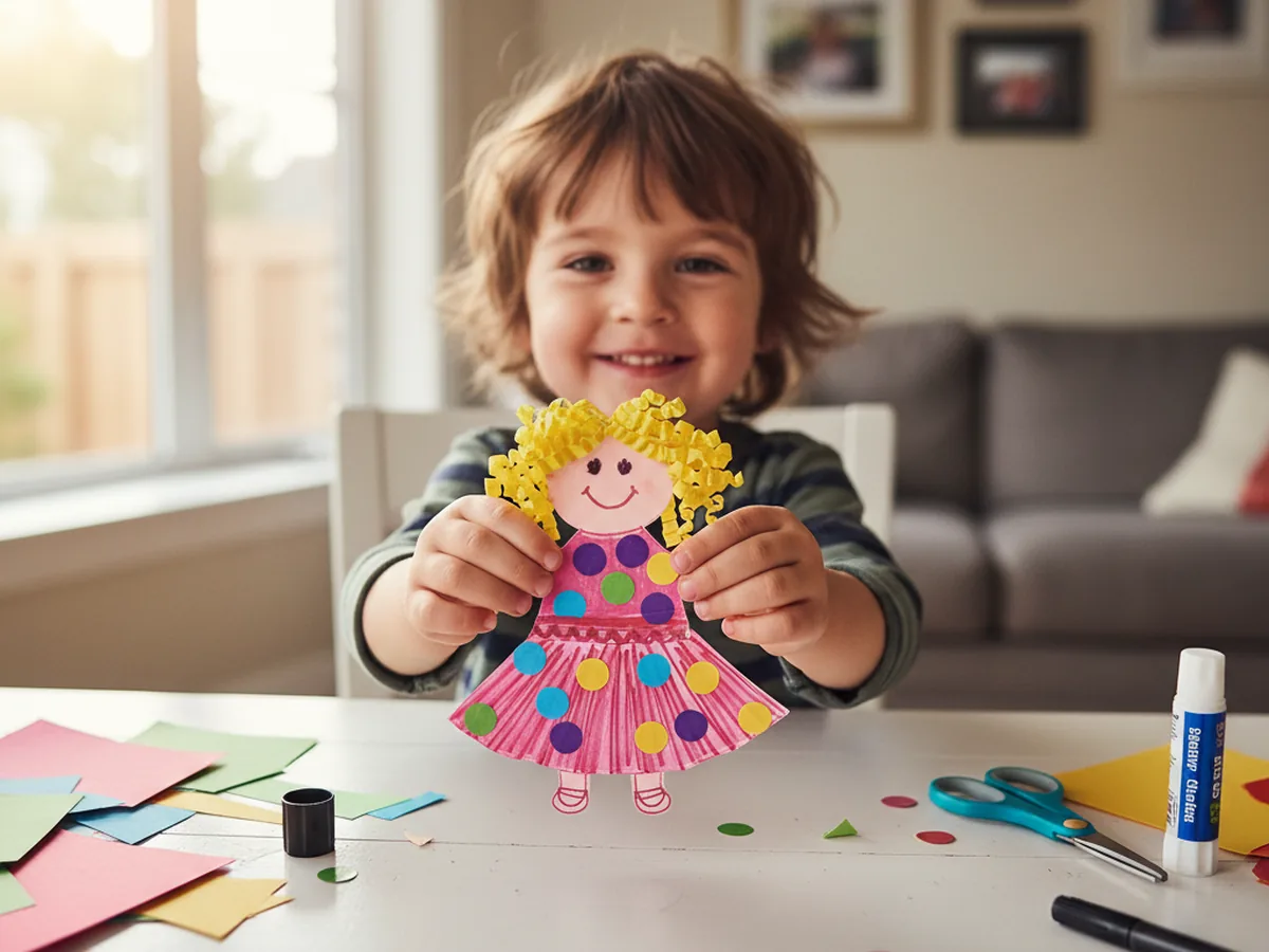 A young child proudly holding up a completed and colorfully dressed paper doll craft
