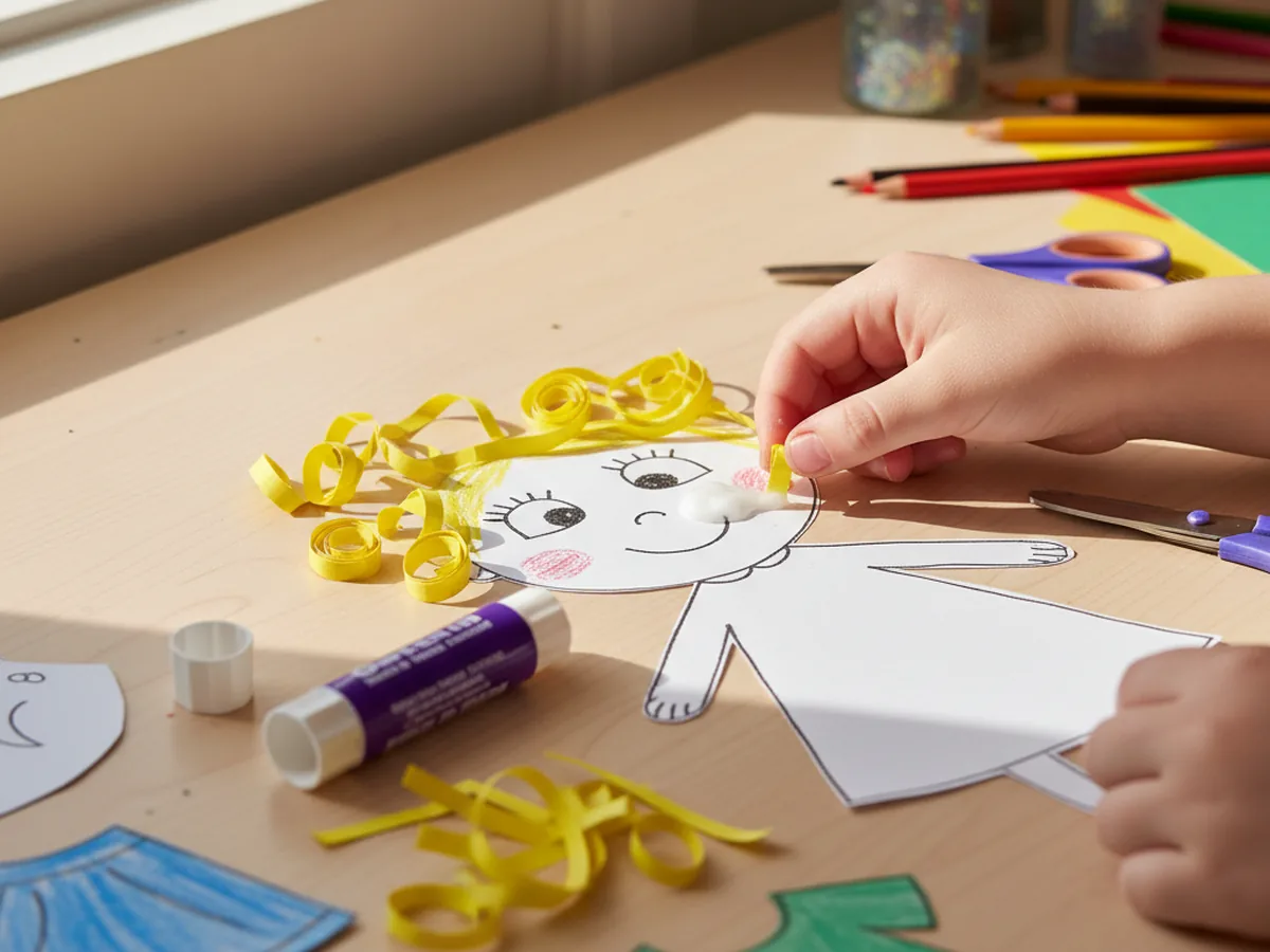 Curled yellow paper strips being glued onto the top of a paper doll's head for hair